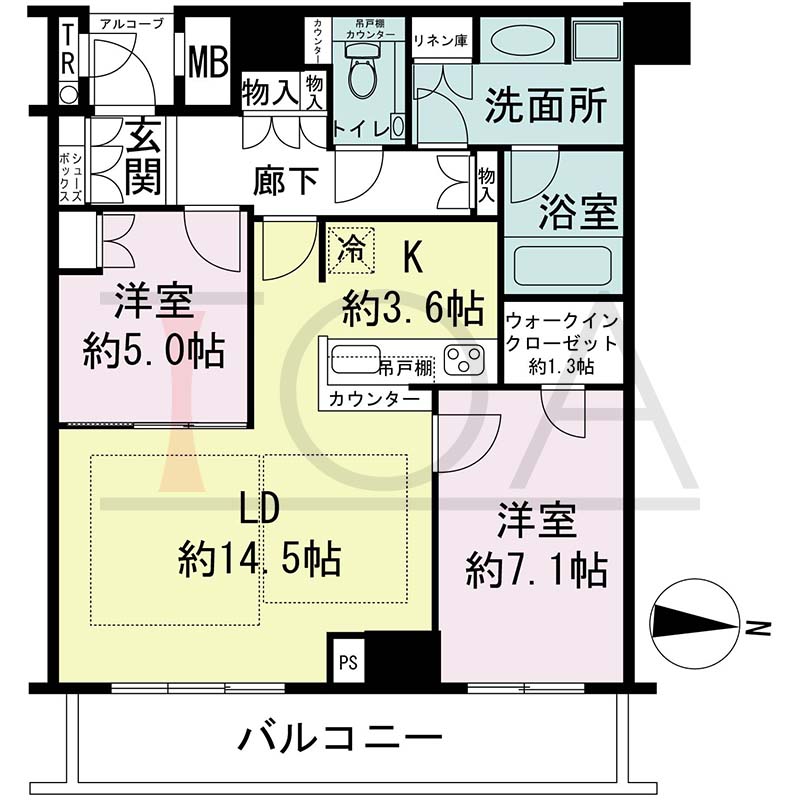 ザ・パークハウス神戸ハーバーランドタワーの間取り図 全15邸 東向き住戸
2LDK+WIC 専有面積73.90m2
バルコニー面積10.93m2
アルコープ面積1.82m2