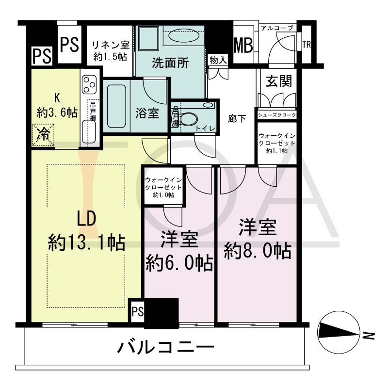 ザ・パークハウス神戸ハーバーランドタワーの間取り図 全14邸 東向き住戸
2LDK+2WIC+L 専有面積76.84m2
バルコニー面積12.49m2
アルコープ面積1.82m2
