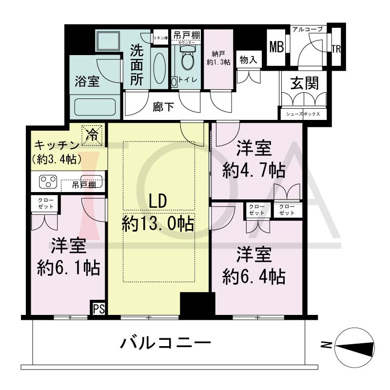 ザ・パークハウス神戸ハーバーランドタワーの間取り図 全15邸 西向き住戸
3LDK+N 専有面積80.26m2
バルコニー面積12.49m2
アルコープ面積1.82m2