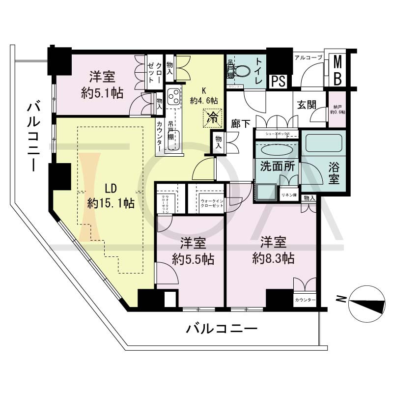 ザ・パークハウス神戸ハーバーランドタワーの間取り図 全15邸 北西角住戸
3LDK+N+2WIC 専有面積90.27m2
バルコニー面積23.07m2
アルコープ面積1.91m2