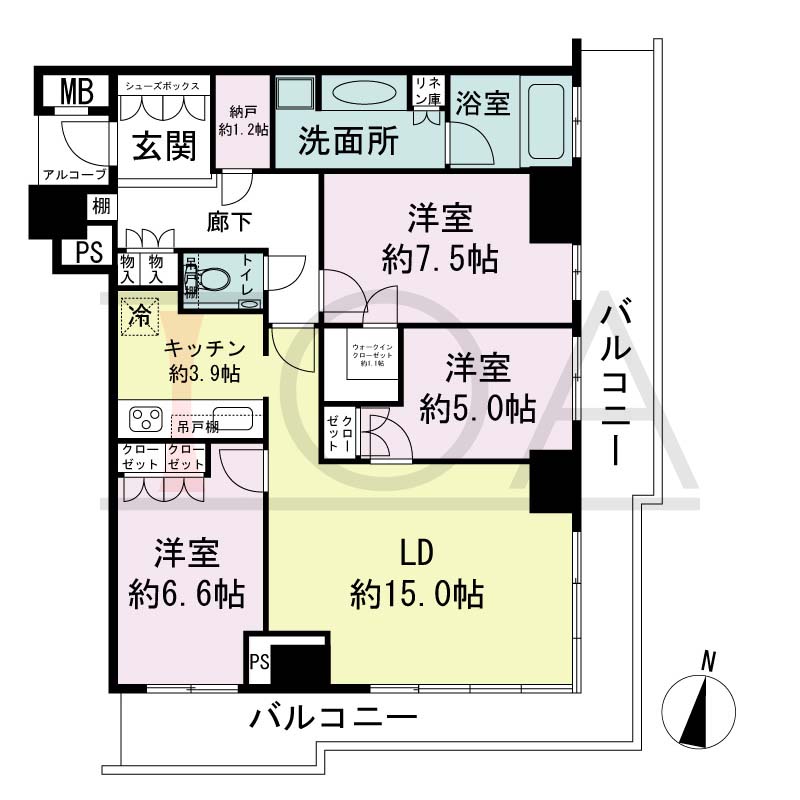ザ・パークハウス神戸ハーバーランドタワーの間取り図 全15邸 南東角住戸
3LDK+N+WIC 専有面積90.28m2
バルコニー面積25.33m2
アルコープ面積1.91m2