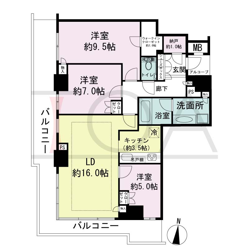 ザ・パークハウス神戸ハーバーランドタワーの間取り図 全15邸 南西角住戸
3LDK+N+WIC 専有面積93.46m2
バルコニー面積24.80m2
アルコープ面積1.91m2
