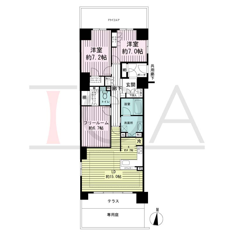 ジオ神戸山本通の間取り図 1邸 南西角住戸
2LDK+F 専有面積93.21m2
ポーチ面積3.07m2
テラス面積10.46m2
専用庭面積10.46m2
ドライエリア面積13.73m2
サービススペース面積0.78m2