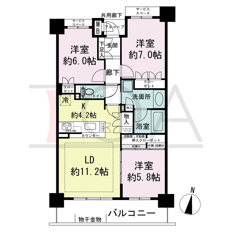 ジオ神戸山本通の間取り図 全4邸 南向き住戸
3LDK 専有面積75.89m2
アルコープ面積1.43m2
バルコニー面積11.48m2
サービススペース面積2.48m2