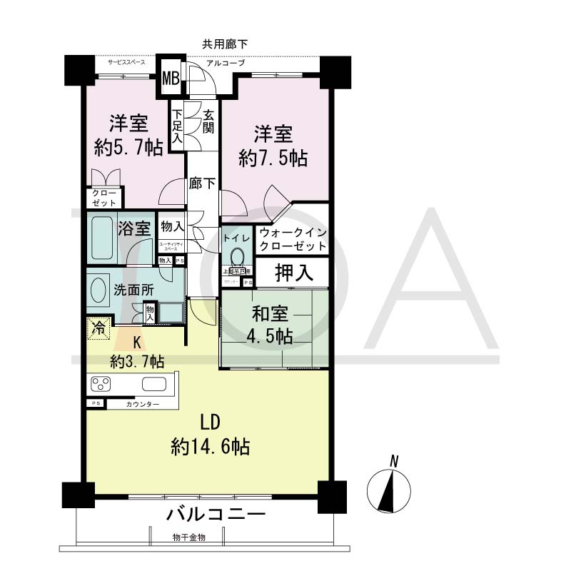 ジオ神戸山本通の間取り図 全4邸 南向き住戸
3LDK 専有面積81.23m2
アルコープ面積2.71m2
バルコニー面積11.71m2
サービススペース面積1.00m2
