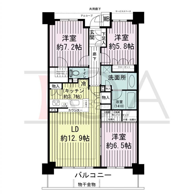ジオ神戸山本通の間取り図 全3邸 南向き住戸
3LDK 専有面積81.23m2
アルコープ面積2.71m2
バルコニー面積11.71m2
サービススペース面積1.00m2