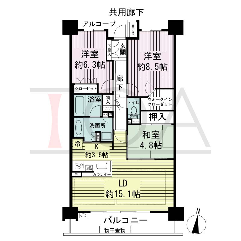 ジオ神戸山本通の間取り図 全3邸 南向き住戸
3LDK 専有面積86.20m2
アルコープ面積2.56m2
バルコニー面積11.71m2
サービススペース面積1.16m2
