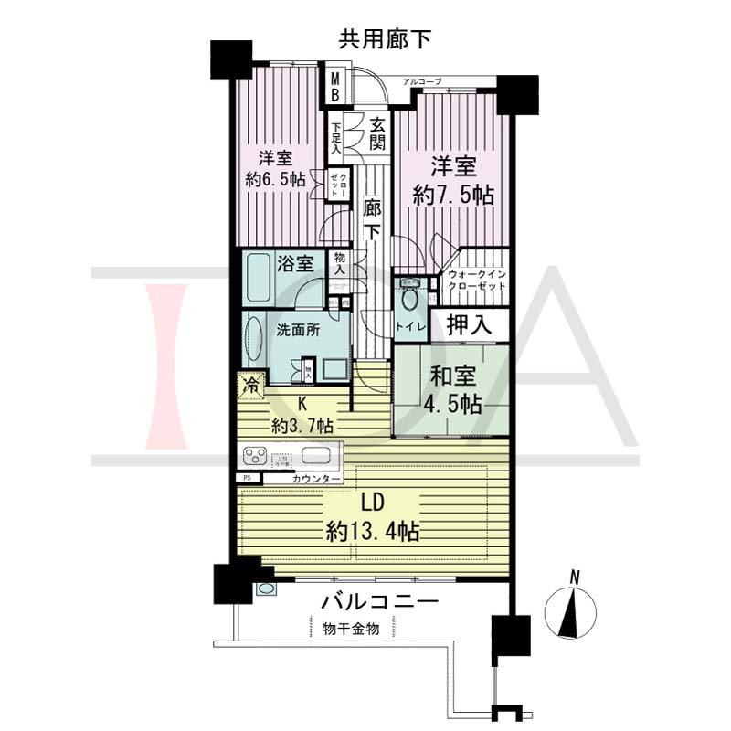 ジオ神戸山本通の間取り図 全4邸 南向き住戸
3LDK 専有面積79.65m2
アルコープ面積1.97m2
バルコニー面積13.00m2
サービススペース面積0.98m2