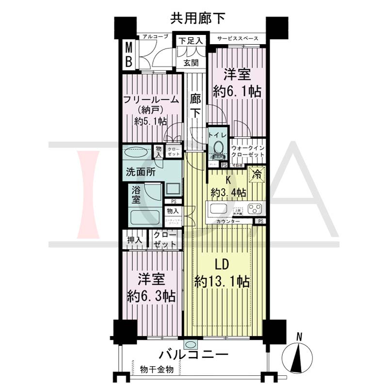 ジオ神戸山本通の間取り図 1邸 南向き住戸
2LDK+F 専有面積76.81m2
アルコープ面積2.40m2
バルコニー面積10.39m2
サービススペース面積1.25m2