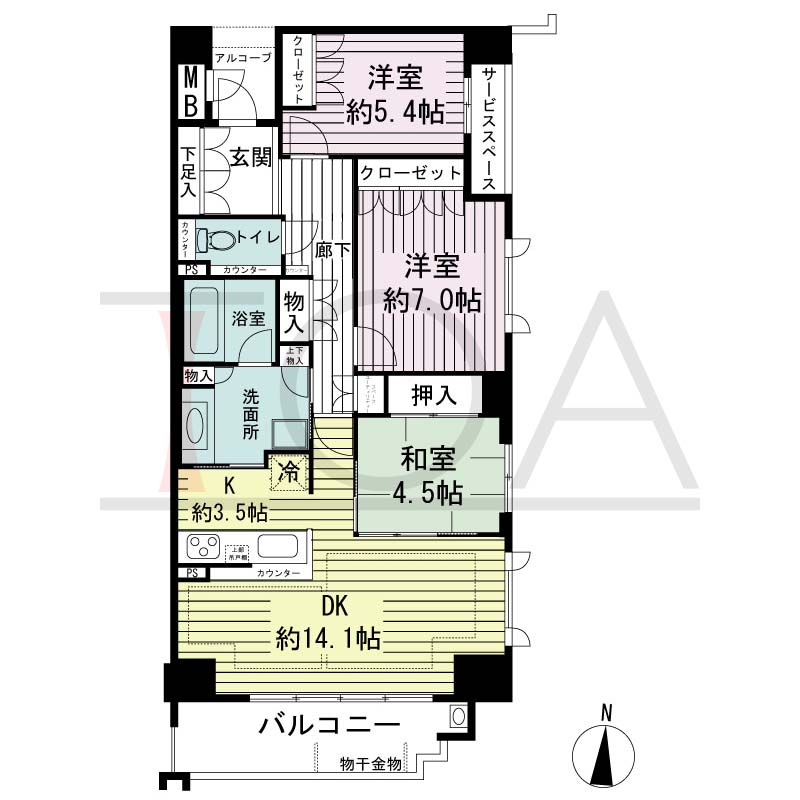 ジオ神戸山本通の間取り図 1邸 南東角住戸
3LDK 専有面積85.18m2
アルコープ面積3.35m2
バルコニー面積9.24m2
サービススペース面積2.76m2