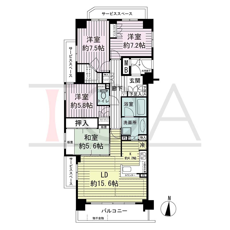 ジオ神戸山本通の間取り図 全2邸 南向き角住戸
4LDK 専有面積105.67m2
ポーチ面積3.07m2
バルコニー面積10.46m2
サービススペース面積11.37m2
