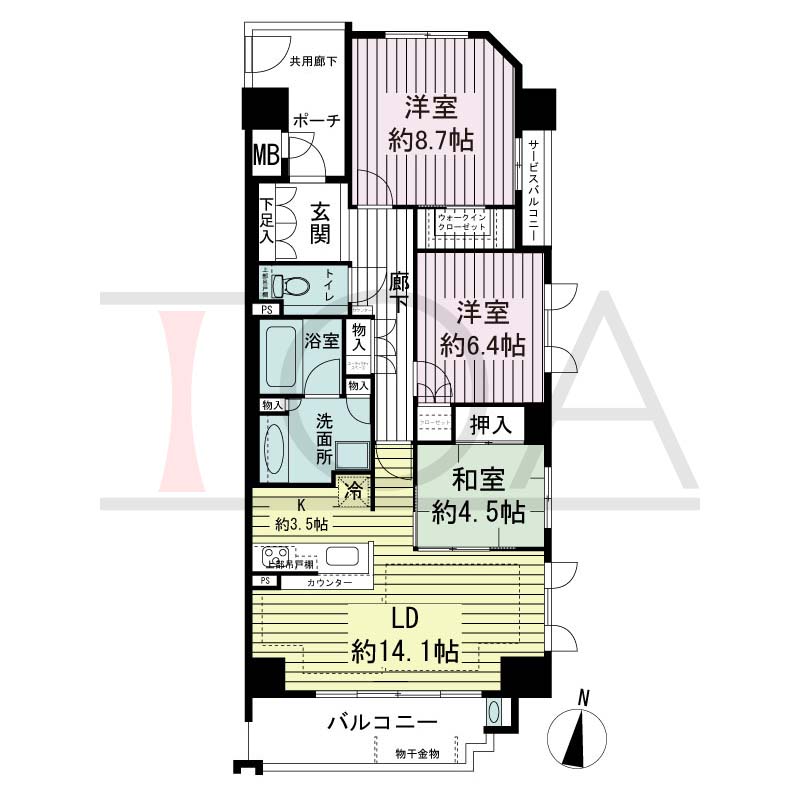 ジオ神戸山本通の間取り図 1邸 南東角住戸
3LDK 専有面積89.58m2
ポーチ面積6.47m2
バルコニー面積9.24m2
サービススペース面積2.76m2