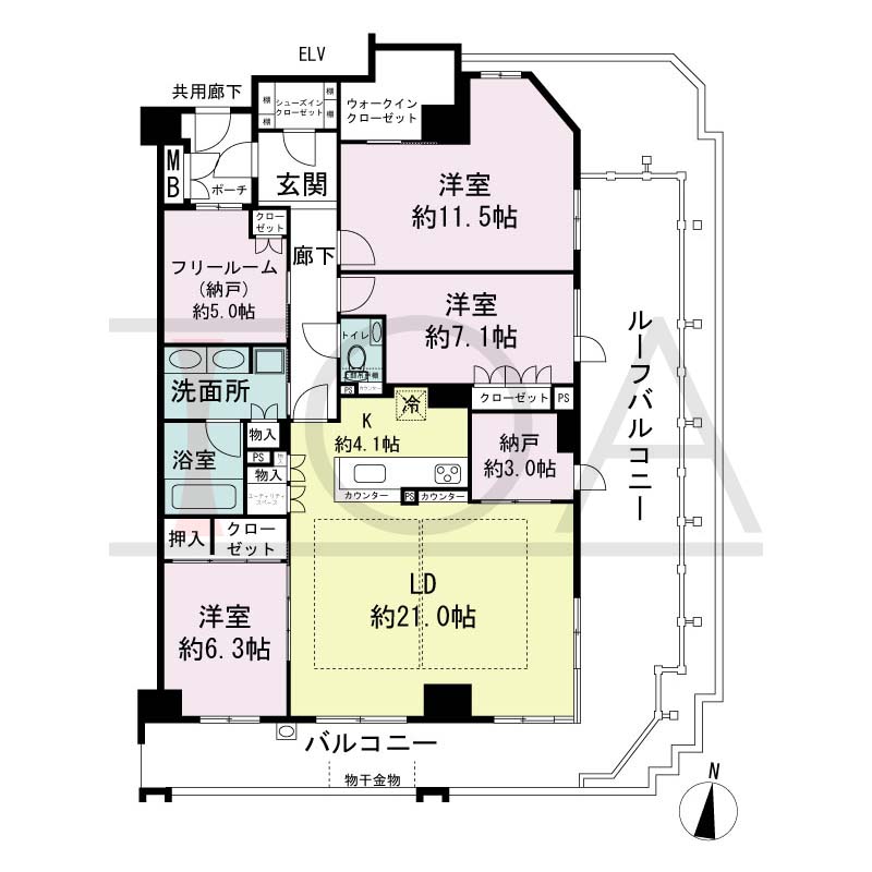 ジオ神戸山本通の間取り図 1邸 南向き角住戸
3LDK+F+DEN 専有面積128.56m2
ポーチ面積3.51m2
バルコニー面積15.96m2
ルーフバルコニー面積28.92m2