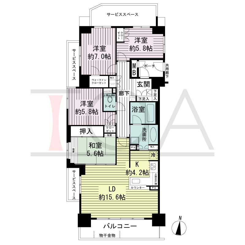 ジオ神戸山本通の間取り図 1邸 南西角住戸
4LDK 専有面積101.32m2
ポーチ面積3.07m2
バルコニー面積10.46m2
サービススペース面積14.80m2