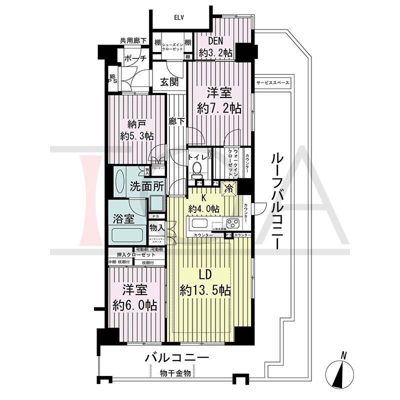 ジオ神戸山本通の間取り図 1邸 南東角住戸
2LDK+F+DEN 専有面積91.21m2
ポーチ面積3.51m2
バルコニー面積12.07m2
ルーフバルコニー面積21.41m2
サービススペース面積1.17m2