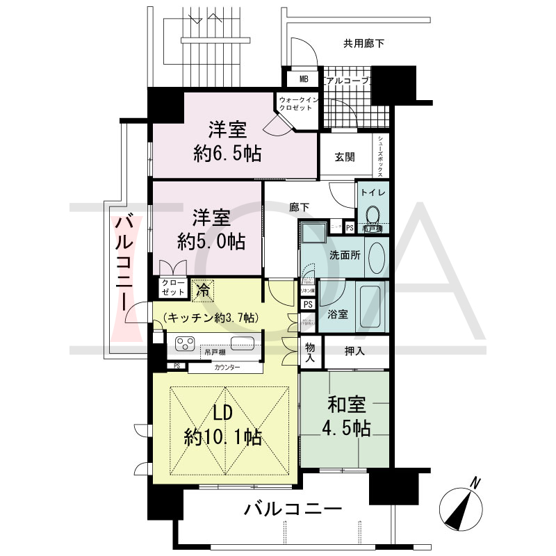 ローレルコート神戸元町の間取り図 全12邸 南西角住戸
3LDK 専有面積70.14m2
アルコーブ面積3.10m2
バルコニー面積15.51m2
サービスバルコニー面積1.54m2
MB面積0.50m2