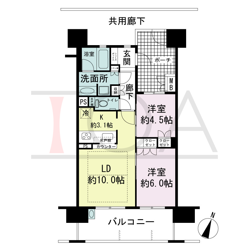 ローレルコート神戸元町の間取り図 全12邸 南向き住戸
2LDK 専有面積54.68m2
ポーチ面積8.86m2
バルコニー面積11.81m2
MB面積0.61m2