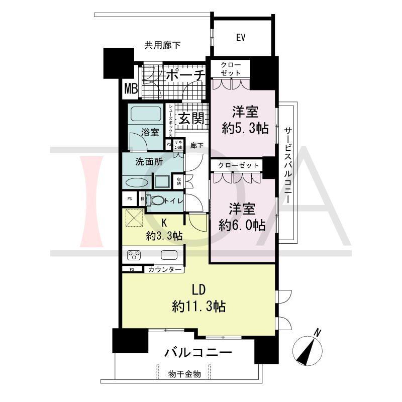 ローレルコート神戸元町の間取り図 全12邸 南東角住戸
2LDK 専有面積62.63m2
ポーチ面積3.71m2
バルコニー面積10.60m2
サービスバルコニー面積3.82m2
MB面積1.14m2