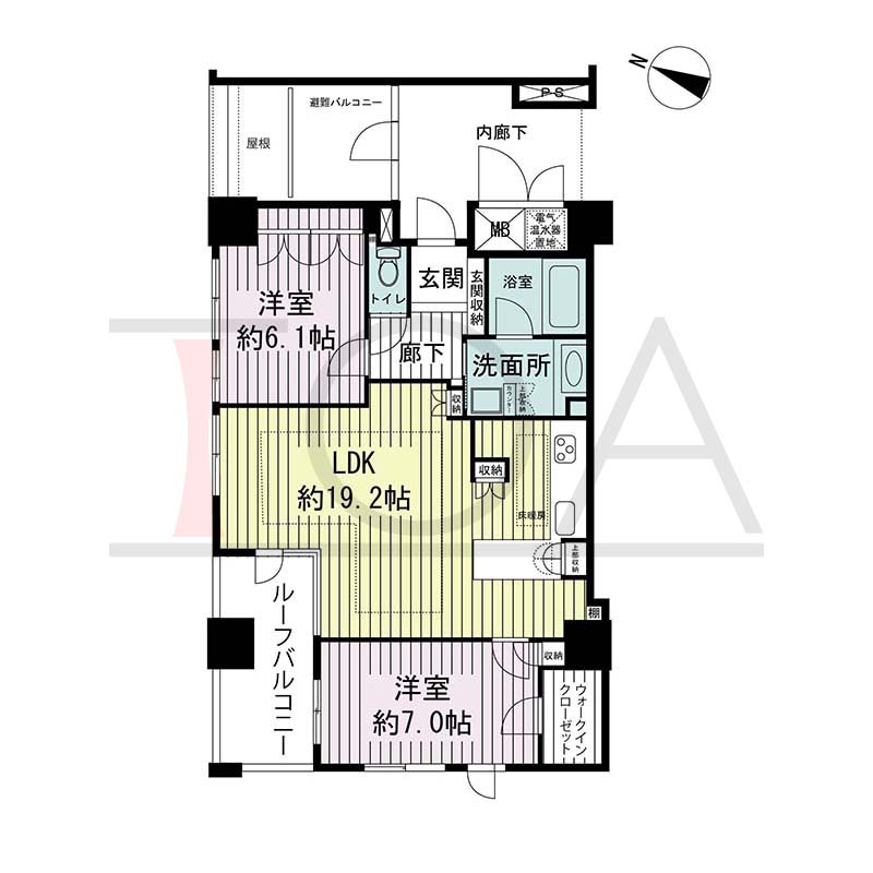 ライオンズマンション神戸栄町通の間取り図 1邸 北西角住戸
2LDK 専有面積75.35m2
ルーフバルコニー面積8.60m2