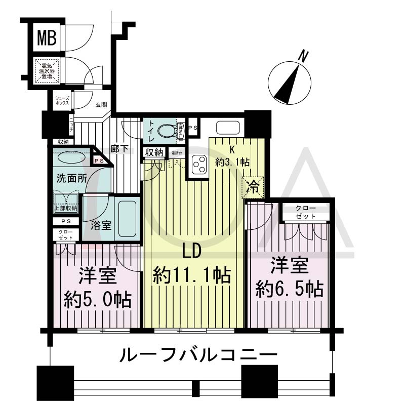 ライオンズマンション神戸栄町通の間取り図 1邸 南向き住戸
2LDK 専有面積60.97m2
ルーフバルコニー面積17.84m2