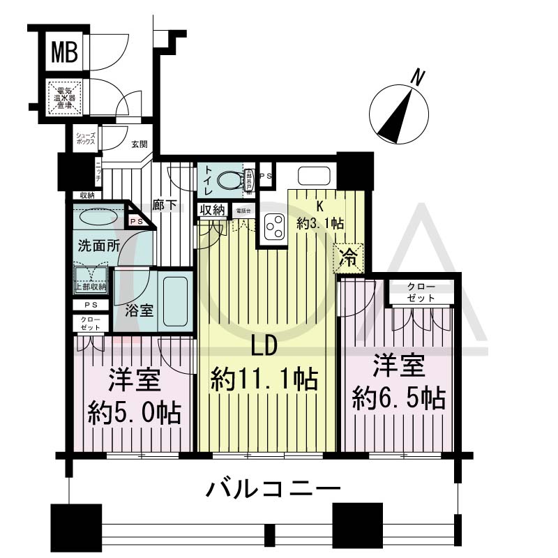 ライオンズマンション神戸栄町通の間取り図 全8邸 南向き住戸
2LDK 専有面積60.97m2
バルコニー面積17.84m2
