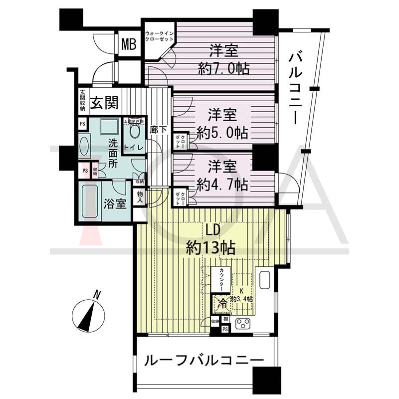 ライオンズマンション神戸栄町通の間取り図 1邸 南東角住戸
3LDK 専有面積75.29m2
バルコニー面積8.97m2
ルーフバルコニー面積10.33m2