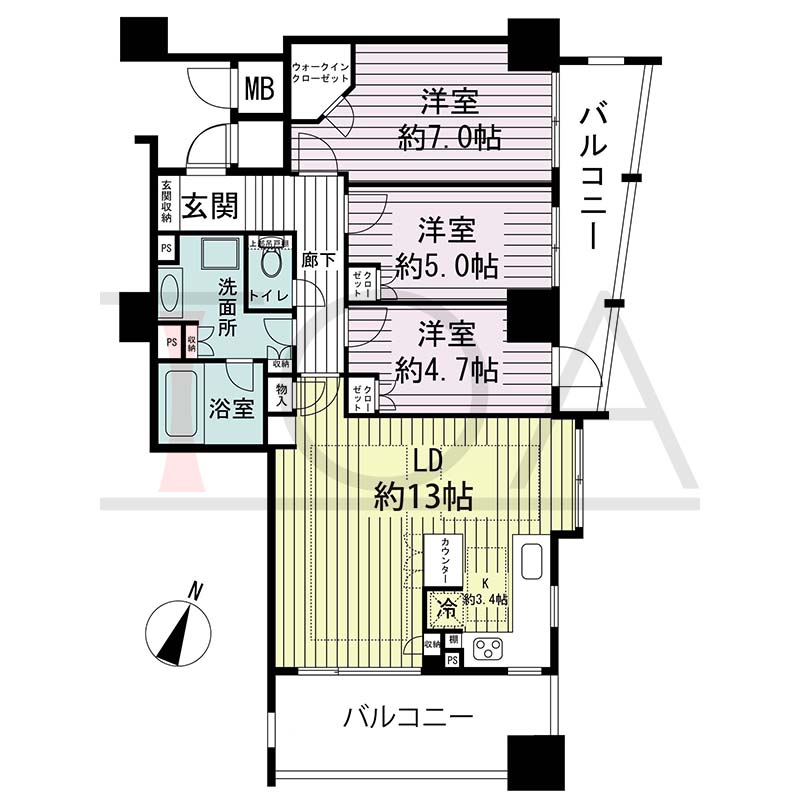 ライオンズマンション神戸栄町通の間取り図 全8邸 南東角住戸
3LDK 専有面積75.29m2
バルコニー面積19.31m2