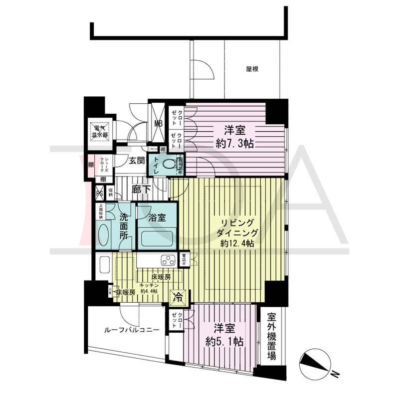 ライオンズマンション神戸栄町通の間取り図 1邸 北東角住戸
2LDK 専有面積65.82m2
ルーフバルコニー面積6.23m2