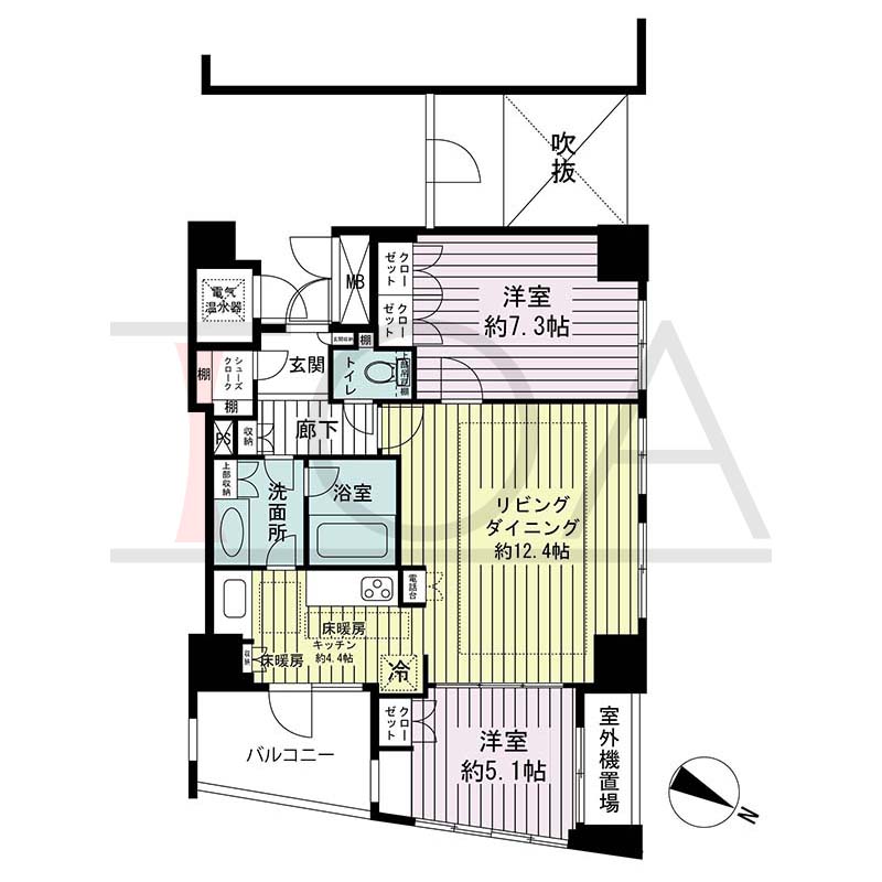 ライオンズマンション神戸栄町通の間取り図 全12邸 北東角住戸
2LDK 専有面積65.82m2
バルコニー面積6.23m2