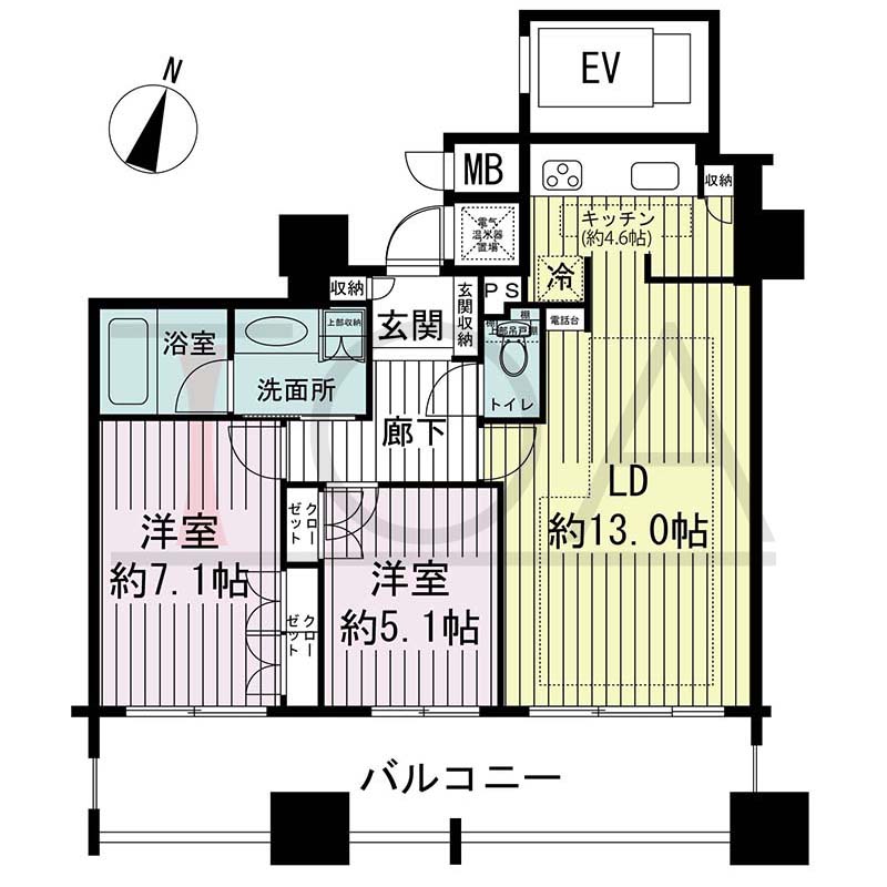 ライオンズマンション神戸栄町通の間取り図 全8邸 南向き住戸
2LDK 専有面積66.31m2
バルコニー面積18.62m2