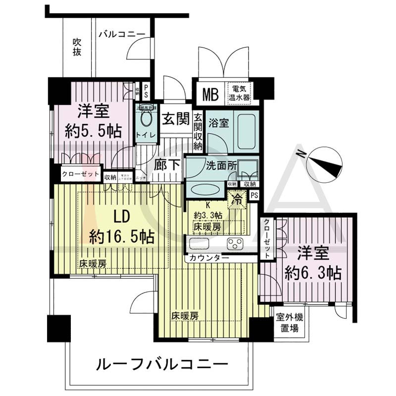 ライオンズマンション神戸栄町通の間取り図 1邸 北西角住戸
2LDK 専有面積70.16m2
ルーフバルコニー面積19.19m2