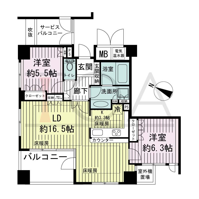 ライオンズマンション神戸栄町通の間取り図 全3邸 北西角住戸
2LDK 専有面積70.16m2
バルコニー面積8.14m2