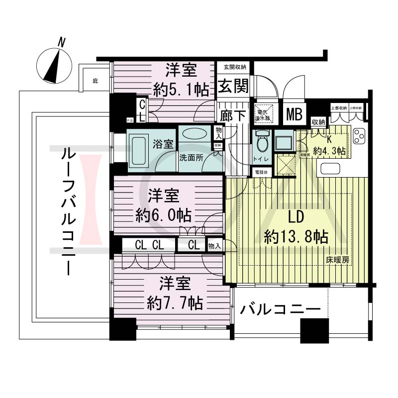 ライオンズマンション神戸栄町通の間取り図 1邸 南西角住戸
3LDK 専有面積82.23m2
バルコニー面積10.23m2
ルーフバルコニー面積22.18m2