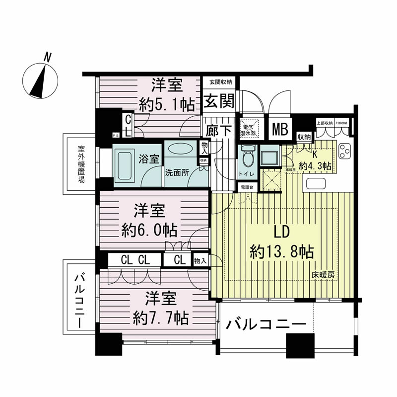 ライオンズマンション神戸栄町通の間取り図 全3邸 南西角住戸
3LDK 専有面積82.23m2
バルコニー面積13.35m2