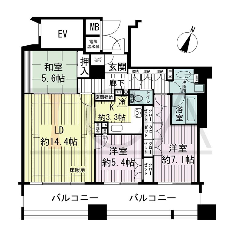 ライオンズマンション神戸栄町通の間取り図 全4邸 南向き住戸
3LDK 専有面積83.34m2
バルコニー面積20.86m2