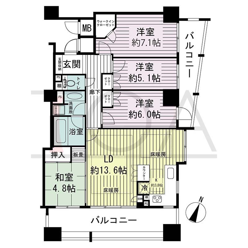 ライオンズマンション神戸栄町通の間取り図 全4邸 南東角住戸
1LDK 専有面積82.23m2
バルコニー面積13.35m2