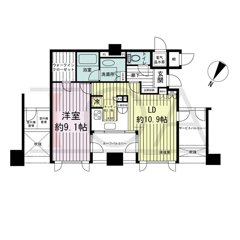 ライオンズマンション神戸栄町通の間取り図 1邸 北向き住戸
1LDK 専有面積56.55m2
ルーフバルコニー面積6.00m2
サービスバルコニー面積4.18m2