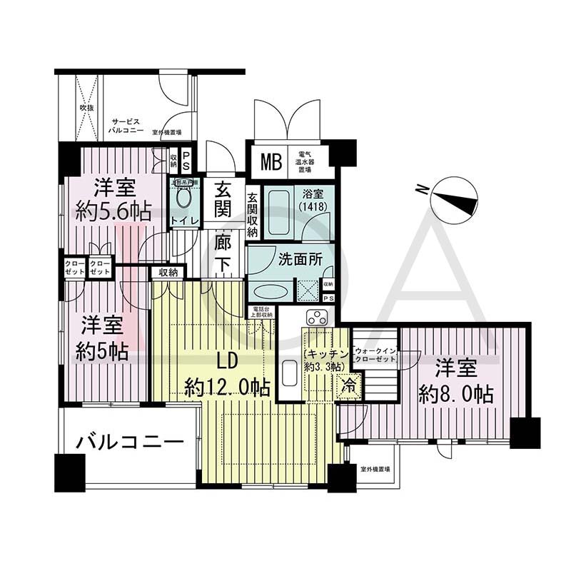 ライオンズマンション神戸栄町通の間取り図 1邸 北西角住戸
3LDK 専有面積75.86m2
バルコニー面積8.14m2