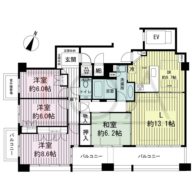 ライオンズマンション神戸栄町通の間取り図 1邸 南西角住戸
4LDK 専有面積113.16m2
バルコニー面積22.13m2
