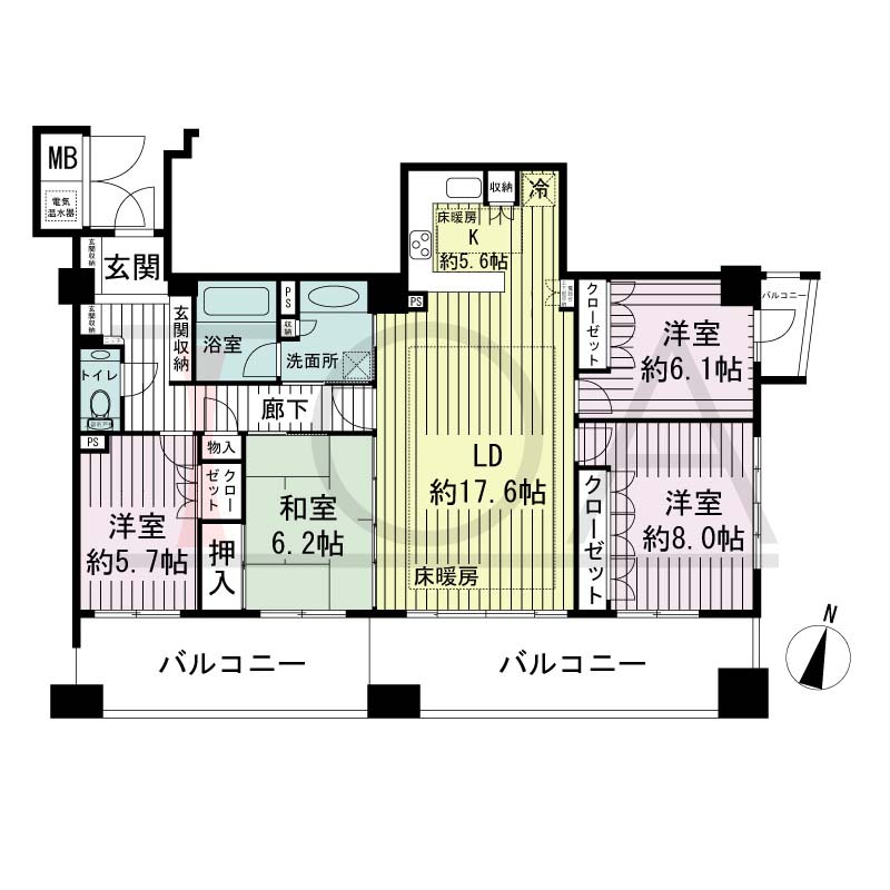 ライオンズマンション神戸栄町通の間取り図 1邸 南東角住戸
4LDK 専有面積110.32m2
バルコニー面積30.00m2