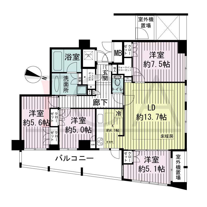 ライオンズマンション神戸栄町通の間取り図 1邸 北東角住戸
4LDK 専有面積93.47m2
バルコニー面積12.93m2