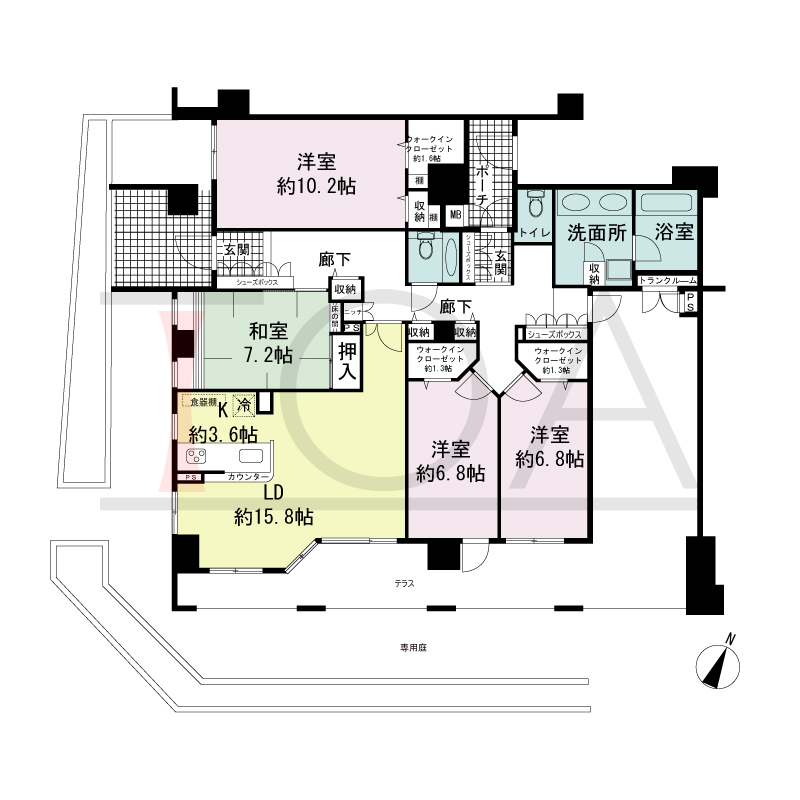 ワコーレ山本通アヴァンツィオの間取り図 1邸　南西角住戸
4LDK　専有面積130.59m2
テラス面積19.76m2
ポーチ面積25.92m2
専用庭面積28.11m2
専用駐車場スペースあり