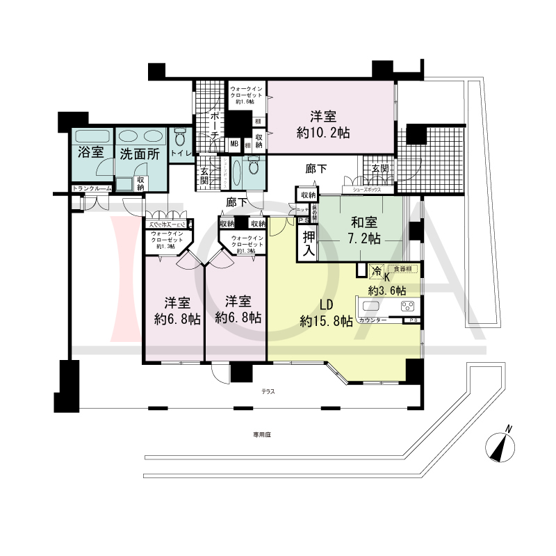 ワコーレ山本通アヴァンツィオの間取り図 1邸　南東角住戸
4LDK　専有面積130.59m2
テラス面積19.38m2
ポーチ面積21.07m2
専用庭面積32.76m2
専用駐車場スペースあり