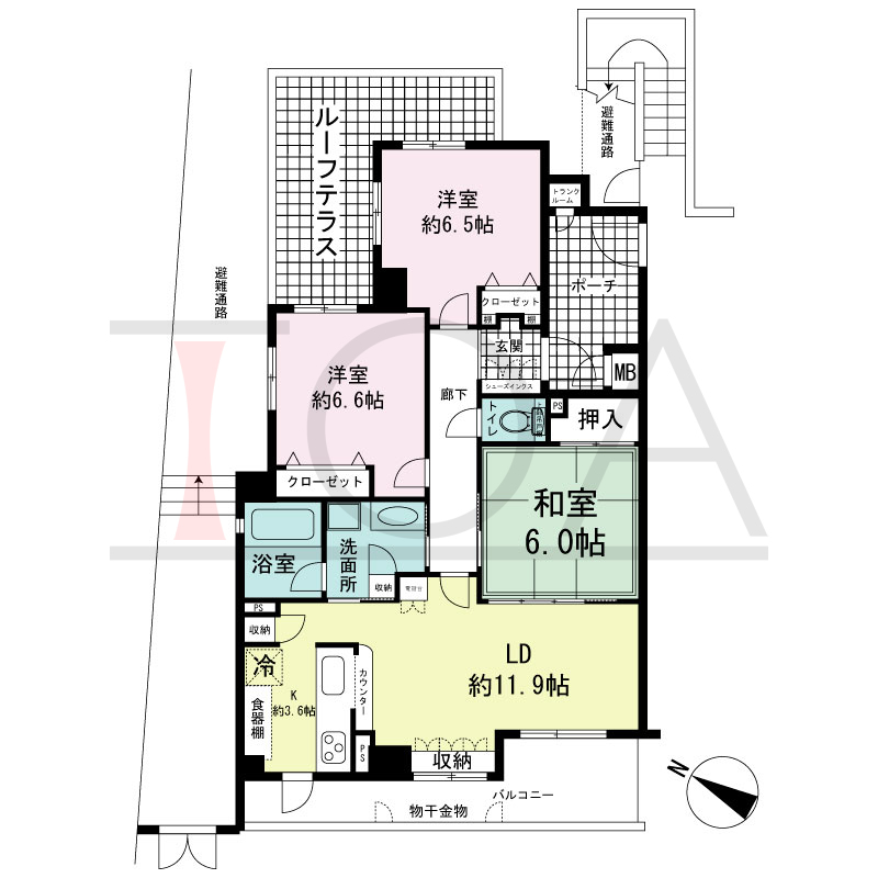 ワコーレ山本通アヴァンツィオの間取り図 1邸　北西角住戸
3LDK　専有面積77.37m2
バルコニー面積19.22m2
ルーフテラス面積4.71m2
ポーチ面積6.03m2