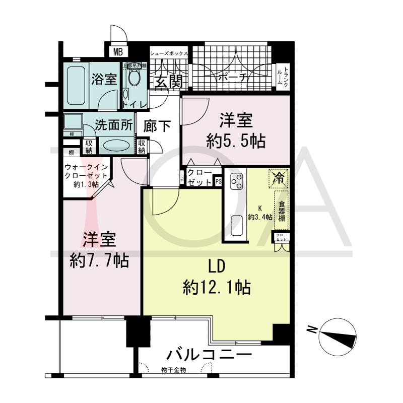ワコーレ山本通アヴァンツィオの間取り図 全2邸　西向き住戸
2LDK　専有面積65.06m2
バルコニー面積12.47m2
ポーチ面積4.40m2