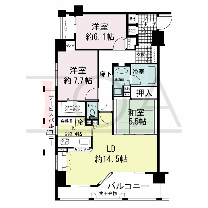 ワコーレ山本通アヴァンツィオの間取り図 全3邸　南西角住戸
3LDK　専有面積82.99m2
バルコニー面積10.83m2
サービスバルコニー面積6.17m2
ポーチ面積3.51m2