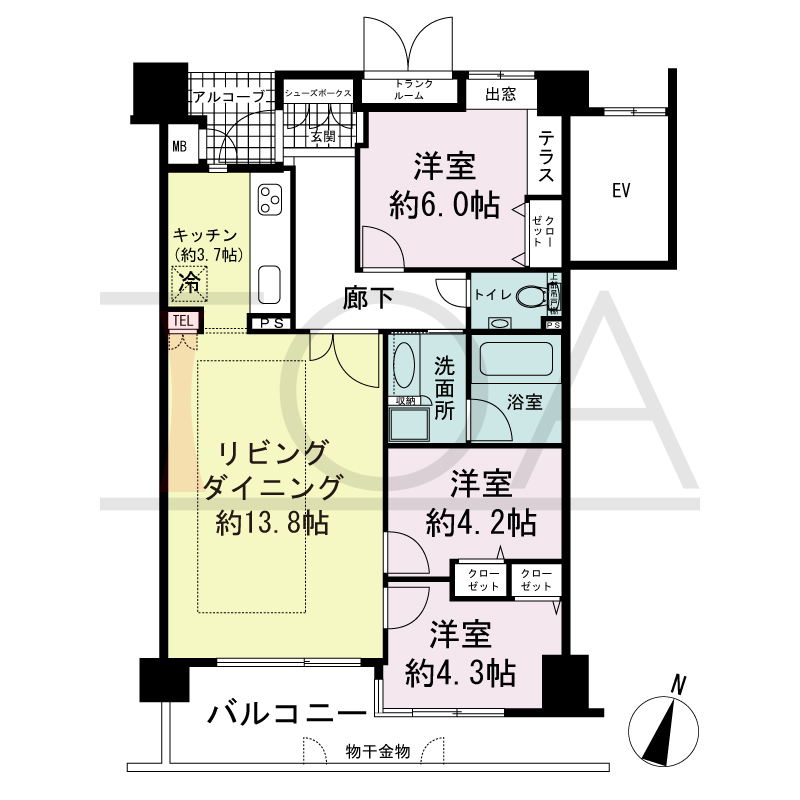 ワコーレ山本通アヴァンツィオの間取り図 全5邸　南向き住戸
3LDK　専有面積70.04m2
バルコニー面積10.59m2
アルコーブ面積2.72m2