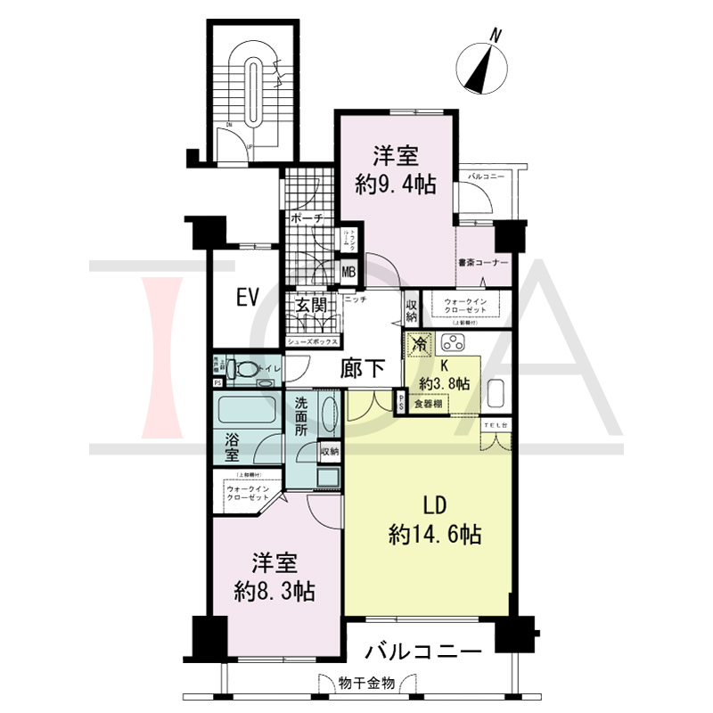 ワコーレ山本通アヴァンツィオの間取り図 全5邸　南向き住戸
2LDK　専有面積81.19m2
バルコニー面積11.06m2
ポーチ面積4.34m2