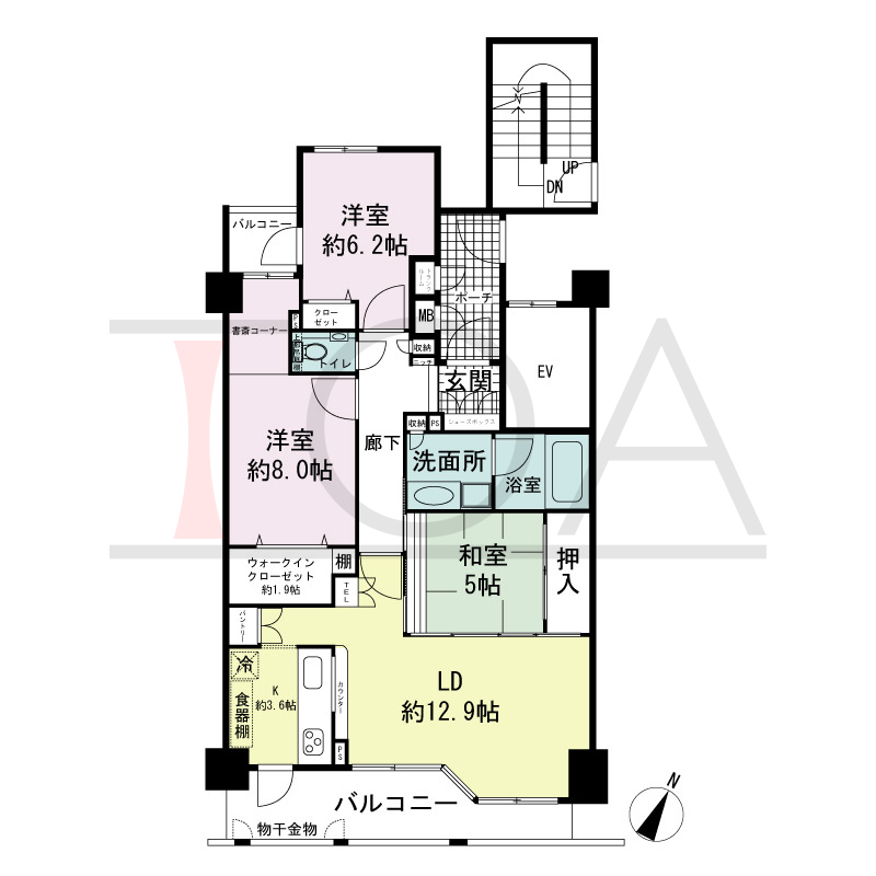 ワコーレ山本通アヴァンツィオの間取り図 全4邸　南向き住戸
3LDK　専有面積81.88m2
バルコニー面積10.23m2
ポーチ面積4.48m2