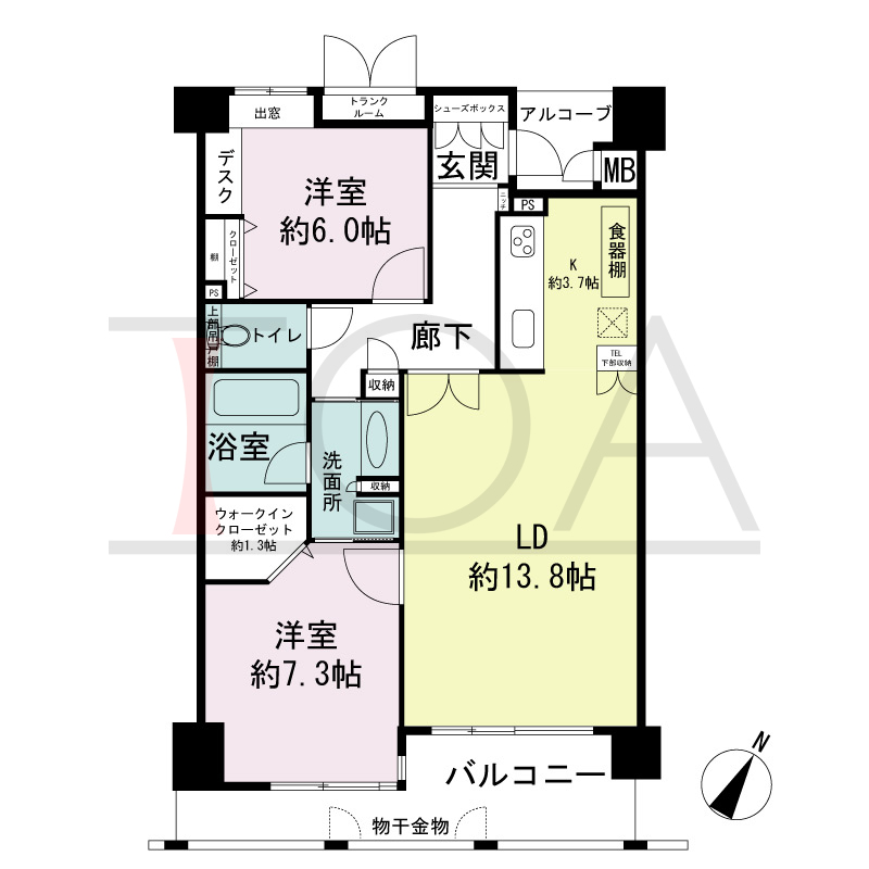 ワコーレ山本通アヴァンツィオの間取り図 全4邸　南向き住戸
2LDK　専有面積70.04m2
バルコニー面積10.59m2
アルコーブ面積2.72m2